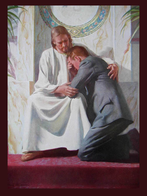 Painting by Harry Anderson depicting the salvation experience. A man with his head in his hands kneels repentant before Jesus, who sits and comforts him.